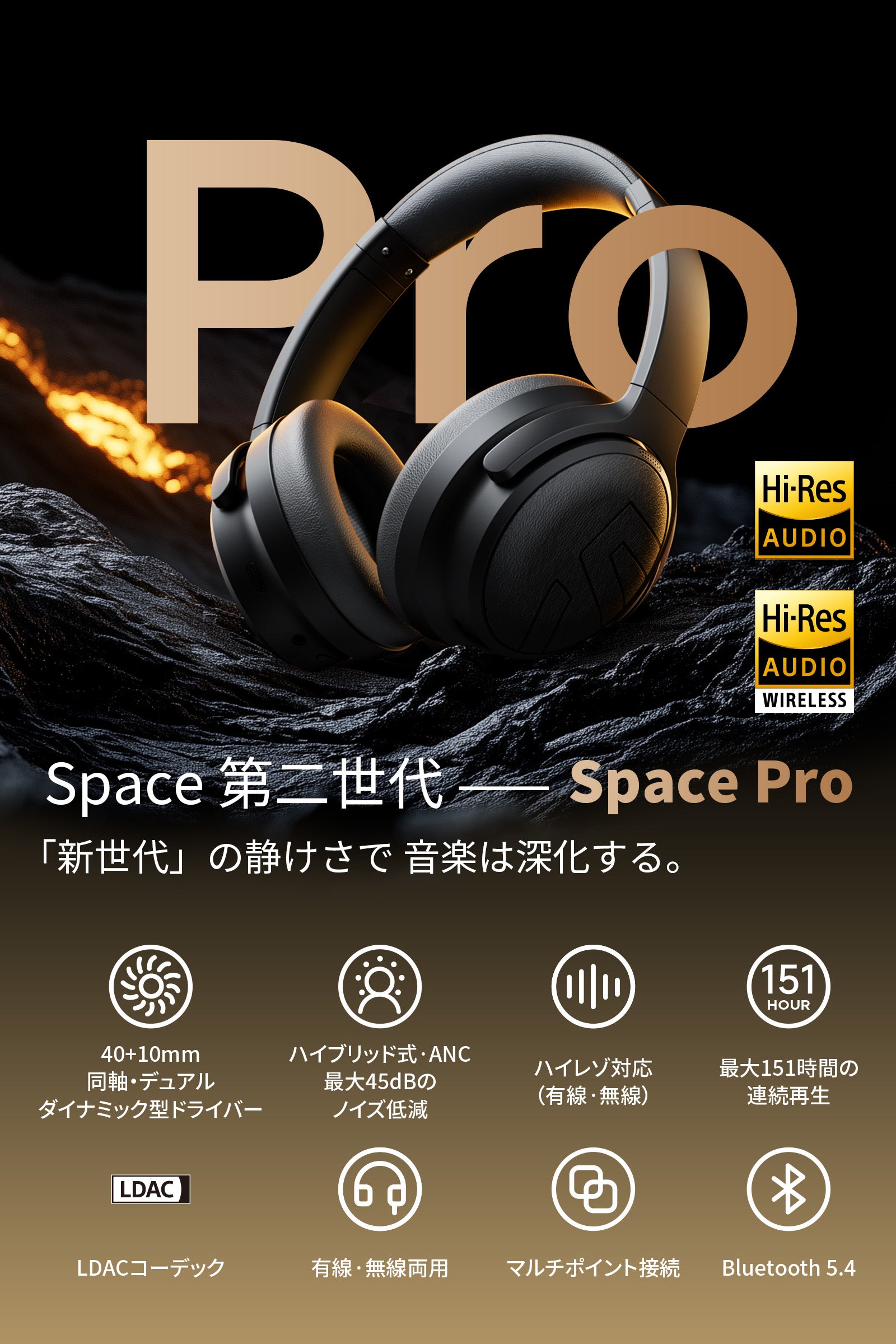 SOUNDPEATS「Space Pro」ブラック SoundPEATS Space Headphones Bluetooth 5.3 Hybrid Active